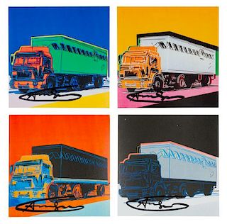 After Andy Warhol, (American, 1928-1987), Trucks, 1985 (set of 4 announcement cards with cover)