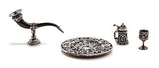 A Flemish Style Miniature Silver Sideboard Dish and Horn Cup, Length of horn cup 2 1/8 inches.