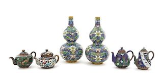 Six Cloisonne Enamel Teapots and Vases
