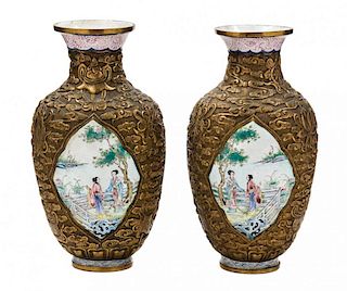 A Pair of Enamel and Repousse Copper Vases