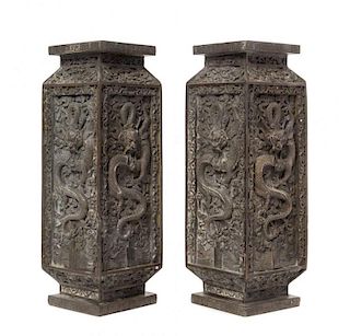 A Pair of Bronze 'Dragon' Square Vases