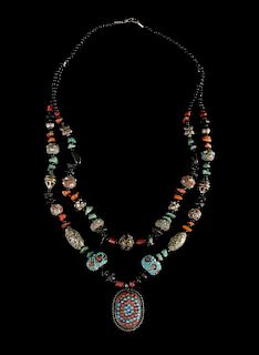 A Tibetan Hardstone Inset Metal Necklace