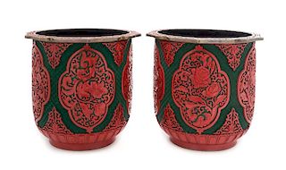 A Pair of Carved Red Lacquered Cachepots