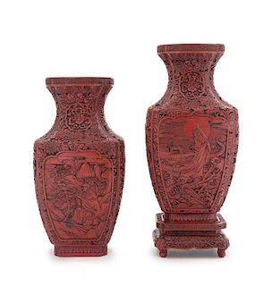 A Pair of Carved Red Lacquered Vases