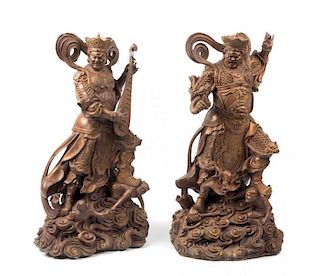 A Pair of Hollow Dry Lacquer Figure of Heavenly Kings Height of each 25 inches.