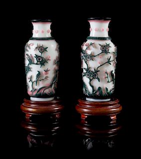 A Pair of Pink and Green Overlay White Peking Glass Vases