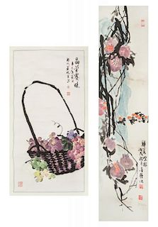 Two Ink and Color Paintings on Paper Scrolls