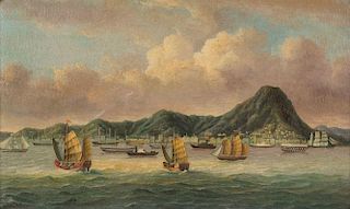 A Chinese Export Oil Painting 16 3/4 x 28 1/8 inches (image).