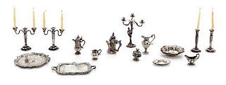 A Group of Silver Miniature Table Articles, Length of tray over handles 1 7/8 inches.