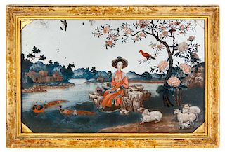 A Chinese Export Reverse Painted Glass Mirror