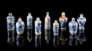 Nine Blue and White and Famille Rose Porcelain Snuff Bottles