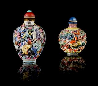 Two Famille Rose Molded Porcelain Snuff Bottles