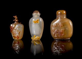 Three Carved Agate Snuff Bottles