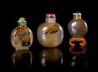 Three Carved Agate Snuff Bottles