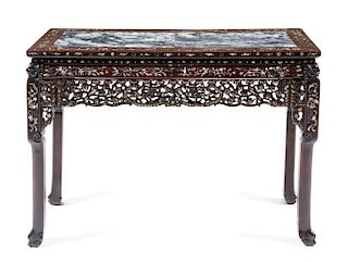 A Chinese Export Marble Inset and Mother-of-Pearl Inlaid Rosewood Table