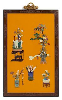 A Cloisonne and Hardstone Embellished Yellow Lacquered Wall Panel