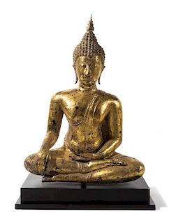 A Thai Gilt Bronze Figure of Seated Buddha Height 36 inches.