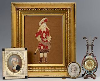Miniature portraits, clock, and textile, 4 items
