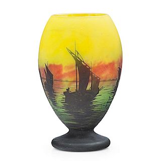 DAUM Cameo glass vase with sailboats