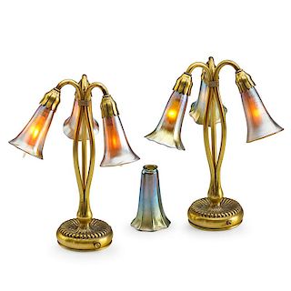 TIFFANY STUDIOS Two three-light Lily lamp bases