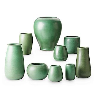 MARBLEHEAD Nine green vases