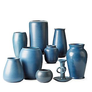 MARBLEHEAD Eight blue vases, one candlestick
