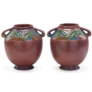 ROSEVILLE Two 8" pink Baneda vases