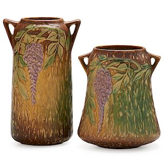 ROSEVILLE Two brown Wisteria vases