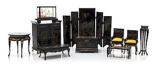 A Collection of Chinese Style Black Painted Furniture Articles, Height of screen 5 5/8 x width overall 7 3/8 inches.
