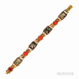 Arts and Crafts 18kt Gold, Moss Agate, and Carnelian Bracelet, Margaret Rogers