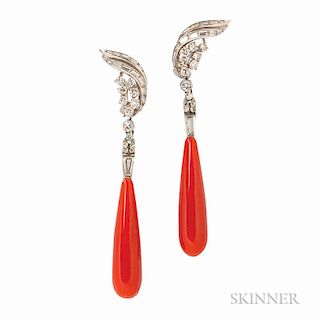 Platinum, Coral, and Diamond Earrings