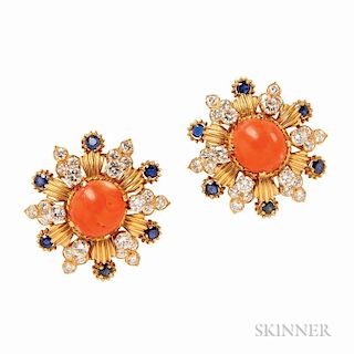 14kt Gold, Coral, Sapphire, and Diamond Earclips, Vourakis