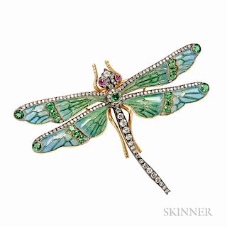 Plique-a-Jour Enamel Dragonfly Brooch
