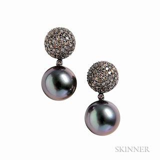 18kt Blackened Gold, Colored Diamond, and Tahitian Pearl Day/Night Earrings