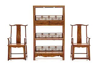 Three Chinese Style Furniture Articles, Height of bookshelf 8 1/2 x width 4 3/4 x depth 2 1/4 inches.