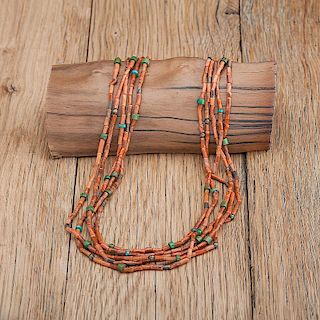 Five Strand Branch Coral Navajo Necklace, Ex C.G. Wallace Collection