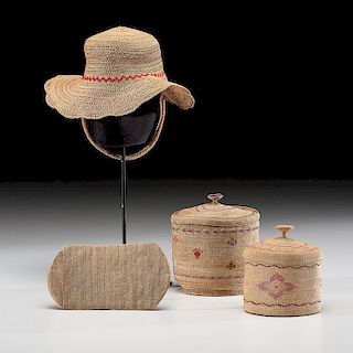 Attu Polychrome Twined Lidded Baskets, Card Case, and Hat, Property of a Midwest Collector