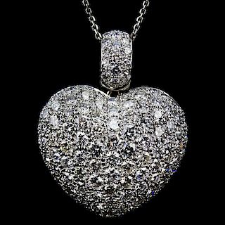 Approx. 5.50 Carat Pave Set Round Brilliant Cut Diamond and 18 Karat White Gold Puffed Heart Pendant with 14 Karat White Gold