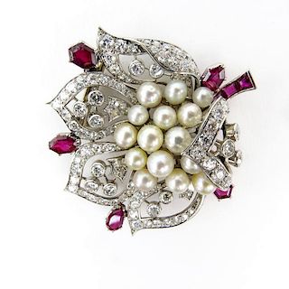 Fine Quality Vintage Diamond, Burma Ruby, Pearl and Platinum Brooch. Quality stones throughout.