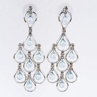 Briolette Cut Blue Topaz, Diamond and 18 Karat White Gold Chandelier Earrings.