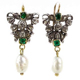 Vintage Emerald, Pearl and Silver Pendant Earrings.