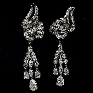 Vintage Circa 1950s Approx. 10.0 Carat Pear, Marquise and Round Brilliant Cut Diamond and Platinum Chandelier Clip Earrings.