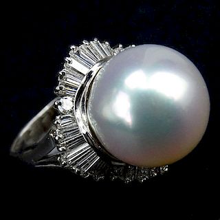 Vintage 14mm South Sea Pearl, 1.37 Carat Tapered Baguette and Round Brilliant Cut Diamond and Platinum Ring.