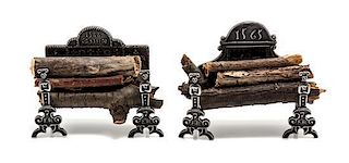 Two Elizabethan Style Fireplace Backs with Andirons, Width of first 3 1/2 inches.