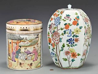 Famille Rose Canister w/ Roosters & Hexagonal Jar
