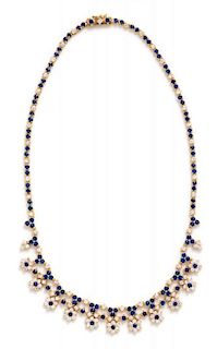 An 18 Karat Yellow Gold, Sapphire and Diamond Fringe Necklace, British, 21.80 dwts.