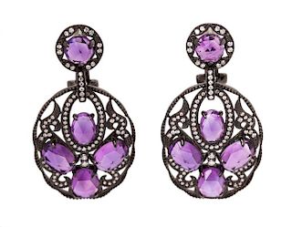 A Pair of 18 Karat Gold, Amethyst and Diamond Pendant Earclips, 8.30 dwts.