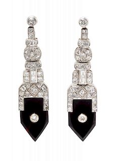 A Pair of 14 Karat White Gold, Diamond, and Onyx Earrings, 5.10 dwts.
