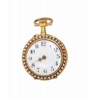An 18 Karat Yellow Gold and Seed Pearl Open Face Pendant Watch, French, 9.25 dwts.
