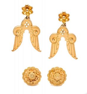 A Collection of Etruscan Revival Yellow Gold Earclips, 6.90 dwts.